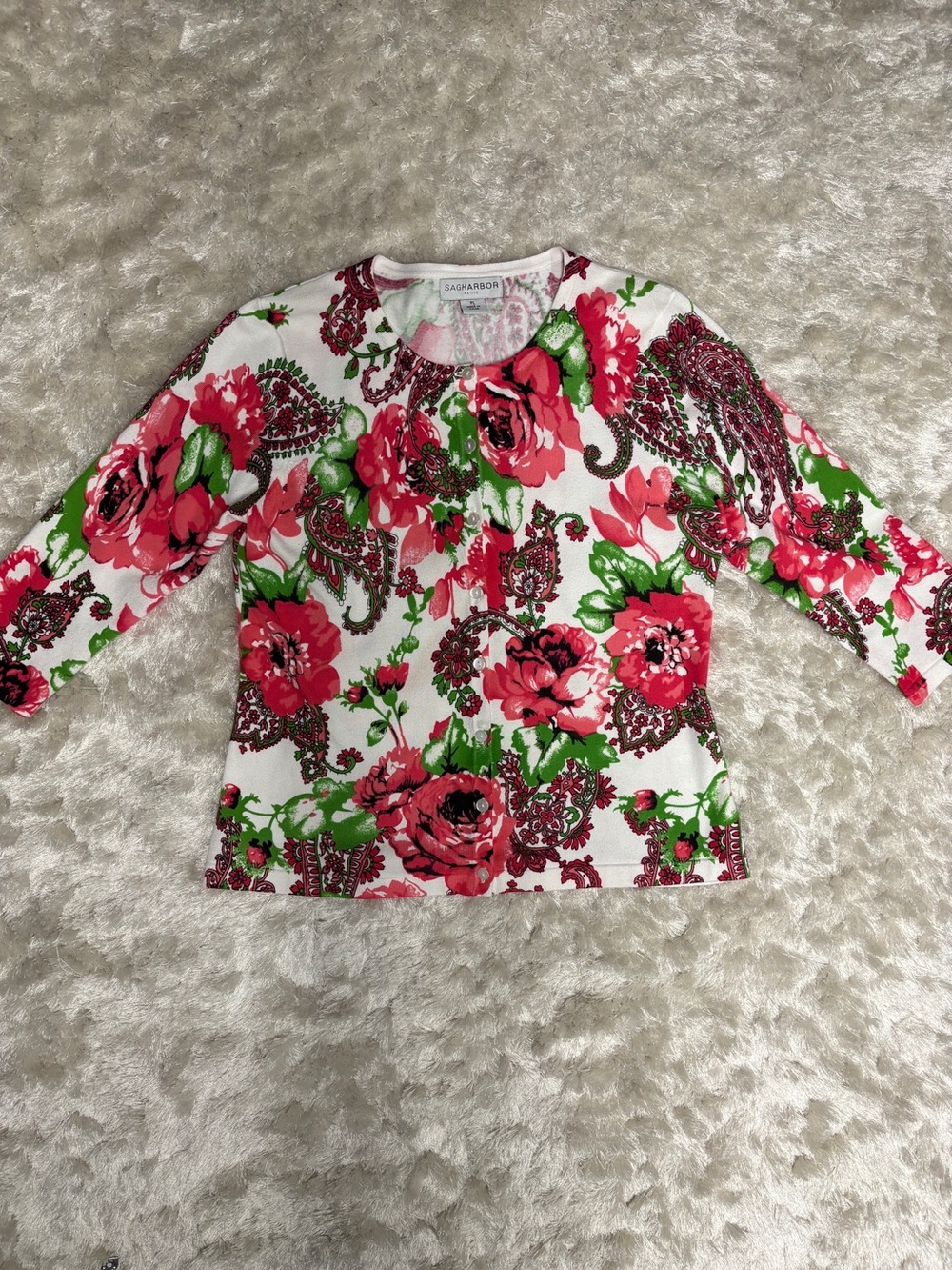 Sag Harbor Cotton Blend White Floral Print Cardigan w/ Pink, Red, Green Accents: